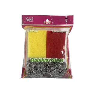 Stainless Steel Non Absorbent Cleaning Set 2+2 Wool Sponge Scrubber for Kitchen Pots and Dishes Model