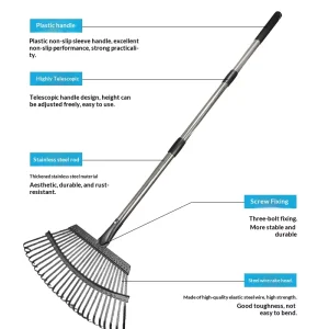 Stainless Steel Silver Telescopic Leaf Rake Grass Rake Garden Lawn Cleaning Flat Ground Rake Tooth Nail Farming Tool LTJY