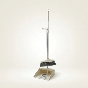 Standing Plastic Dustpan Set with Stainless Steel Handle Built in Scraper Comb Tapered Bristles for Fine Dust Home Cleaning