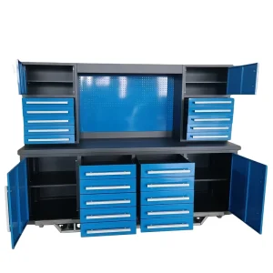 Steel Heavy Duty Storage Workbench with 18 Drawers & 4 Cabinets Industrial Design Durable Tool Storage for Modern Garage Use