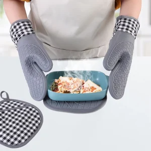 Stock Cotton Food Grade Silicone Heat-Resistant Anti-Scald Insulation Gloves Dishwasher Safe for Baking Oven Microwave BBQ