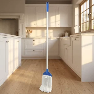 Super Absorbent Looped End White Fiber with Blue Plastic Grip Bracket Loop Mop for Home Kitchen Hotel Floor Cleaning