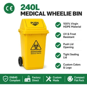 Supermarket 240L HDPE Plastic Waste Bin Commercial Garbage Container Heavy Duty Outdoor Wheelie Dustbin with Lids