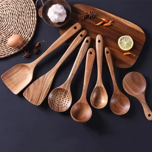 Teak Wood Korean Kitchen Utensils Stand 6-Piece Set Dishwasher, Microwave, and Oven Safe