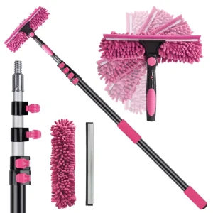 Telescopic Aluminum 2 in 1 Rotatable Chenille Window Squeegee Mop Pink Microfiber Cleaner for Auto Home Glass
