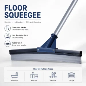 Telescopic Floor Squeegee 180° Rotatable Joint Durable Rubber Blade Lightweight Water Scraper for Bathroom Kitchen Garage Pool