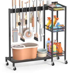 Three-Layer Metal Broom Storage Rack with Wheels Mop Hanging Storage Stand
