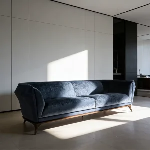 Three-Seater Blue Velvet Fabric Sofa with Wood Legs