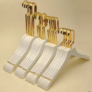 Top Quality Wood Hanger Customized Logo Long Gold Hook Hangers White Wooden Hangers for Clothes Store