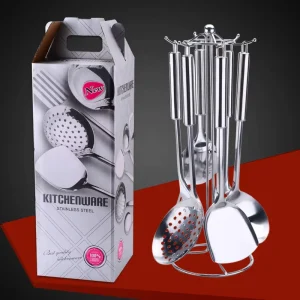 Top Seller 7 Piece Stainless Steel Cooking Kitchen Accessories Stainless Steel Ladle Skimmer Kitchen Utensils Set with Shelf