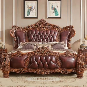 Traditional Hand-Carved Solid Wood Master Bedroom Furniture Set with Leather Bed