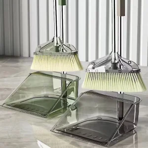 Transparent Plastic Two Piece Broom and Dustpan Set with Soft Bristle Head for Household Sweeping Hair Collection Combo