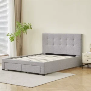 Tufted Diamond Crystal Button Headboard Grey Sleigh Fabric Bed Set