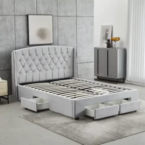 Tufted Upholstered Bed with Large Storage Drawers Modern Bedroom Bed Frame