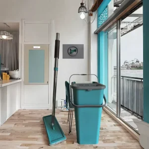 Turbo Mops Set Easy Wring Reusable Microfibre Floor Mop Pads with Steel Pole Bucket Flat Mop Color Box