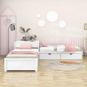 Twin Full-Size L-Shaped Platform Bed with Trundle and Two Drawers White