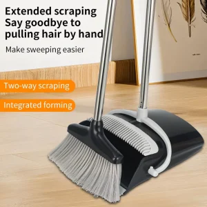 Two-Way Scraping Broom and Dustpan Set with Extended Comb Teeth Integrated Forming Self-Cleaning Sweeper for Pet Hair