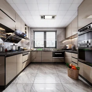 U-Shaped Eco-Friendly Water-Resistant Plywood Kitchen Cabinetry, High-Gloss Beige, Modern