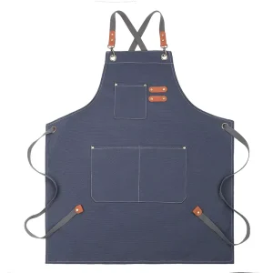 Unisex Cotton Canvas Bib Apron Heavy Duty Waist Adjustable Cross Back Pockets Washable Durable Sleeveless for Restaurant