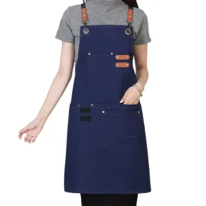 Unisex Kitchen Restaurant Work Aprons with Pockets Blue Chef Server Aprons Customizable Logo