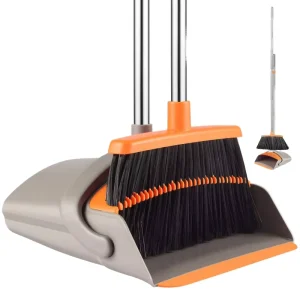 Upgrade Broom and Dustpan Set Self Cleaning with Dustpan Teeth Ideal for Home Use Stand up Broom and Dustpan (Gray&Orange)