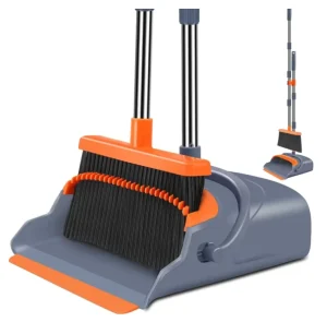 Upgrade Self Cleaning Broom and Dustpan Set Long Handle and Teeth on Stand Up Material Plastic Head for Home Use