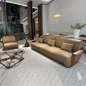 Upholstered Sofa Combination of Modern Simple Light Luxury Villa Living Room Walnut Leather Sectional Couch Sofa Set Furniture