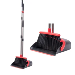 Upright Broom and Dustpan Set Self Cleaning with Dustpan Teeth Indoor and Outdoor Sweeping