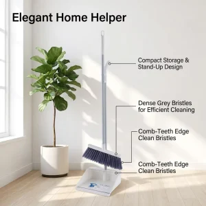 Upright Broom with Comb Dustpan Set Foldable Home Floor Sweeping Brush for Pet Hair Removal