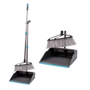 Upright Standing Sweeping Combo Broom and Dustpan Set with Scraper Teeth Long Handle Dustpan and Broom Combo for Home