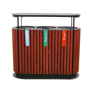 Urban Street Furniture Commercial 3 in 1 Wood Recycling Bin Outdoor Park Rubbish Waste Bin Public Garbage Container Trash Can