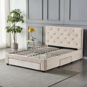 Velvet Bed with Tufted Headboard and Storage Drawers, Beige Upholstered Platform Bed