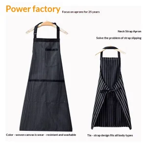 Vertical Stripe Waterproof Apron With Multiple Pockets Adjustable Neck Band Durable Apron for Baking Grilling Catering Staff