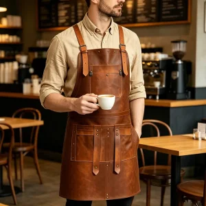 Vintage Brown PU Leather Apron with Cross Adjustable Back Straps Multi Pockets Metal Rivets for Barista Chef Coffee Shop