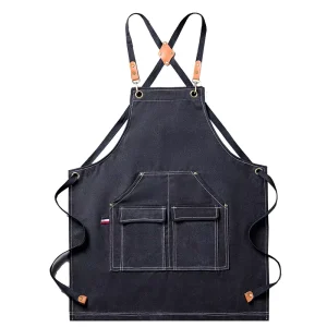 Vintage Canvas Work Apron With Cross Back Shoulder Straps Double Front Pockets Waterproof Resistant Apron for Kitchen Craft