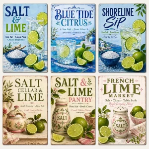 Vintage Salt & Lime Coastal Pantry Tin Sign Retro Metal Sign Old Fashioned Farm Kitchen Cafe Wall Poster Metal Sign