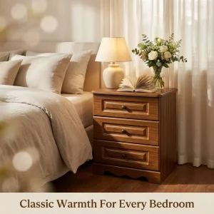 Vintage Solid Brown Wood 3-Drawer Nightstand with Wave Base