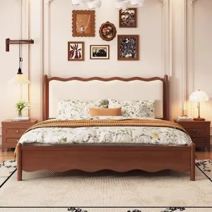 Vintage Solid Wood Bed 1.8m Double Bed Mid Century Wave Bed French Upholstered Bed for Small Apartment & Master Bedroom