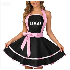 Vintage Style Bib Apron Themed Restaurant Uniform Ruffle Waist Bulk Order Professional Service Staff Polyester