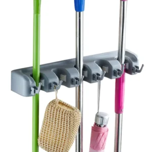 Wall-Mount Folding Plastic Mop and Broom Holder with Hooks Single Tier