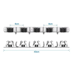 Wall Mounted Mop Holder with 5 Racks 4 Hooks Stainless Steel Organizer for Mops or Brooms Self Adhesive or Screw Installation