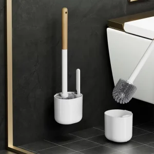 Wall Mounted No Drill Wooden Handle Long Head Design PP Plastic Space Saving Easy Clean for Home Hotel Toilet Brush Set
