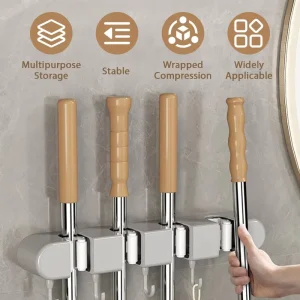 Wall Mounted Self Adhesive Broom and Mop Holder Multi Functional Rack No Drill Kitchen Storage Solution