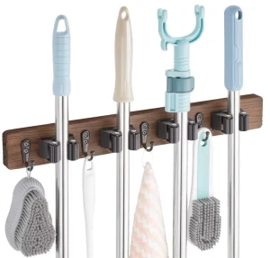 Wall Mounted Single Broom Holder Rustic Wood Mop Organizer 4 Hooks Durable Eco friendly Multifunction Storage Rack Garage Closet