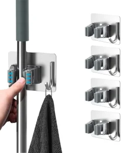 Wall Mounted Stainless Steel Kitchen Accessories Non-Perforated Toilet Mop Hook Clip Cross Border Use Tools for Bathroom