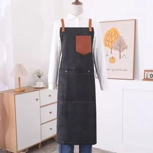 Washed Denim Sleeveless Durable Washable Multi Pocket Hanging Neck Apron for Restaurant Barbecue Coffee Shop Work