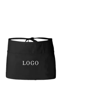 Waterproof Resistant Custom Half Apron Black Work Coffee Shop Uniform Short Server Waist Apron with 3 Pockets for Waitress