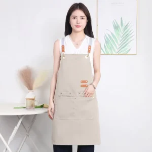 Waterproof Solid Color Apron With Cross Back Straps Decor Large Rivet Storage Pockets Adjustable Back Kitchen Apron