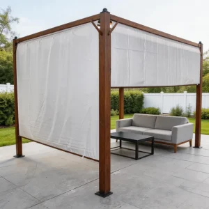 Weather-Resistant Aluminum Pergola with Retractable Sunshade and Wood-Look Frame
