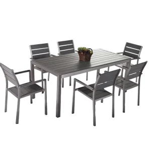 Weatherproof UV-Resistant Bistro Cafe Table Set with 6 Chairs Aluminum Plastic Wood
